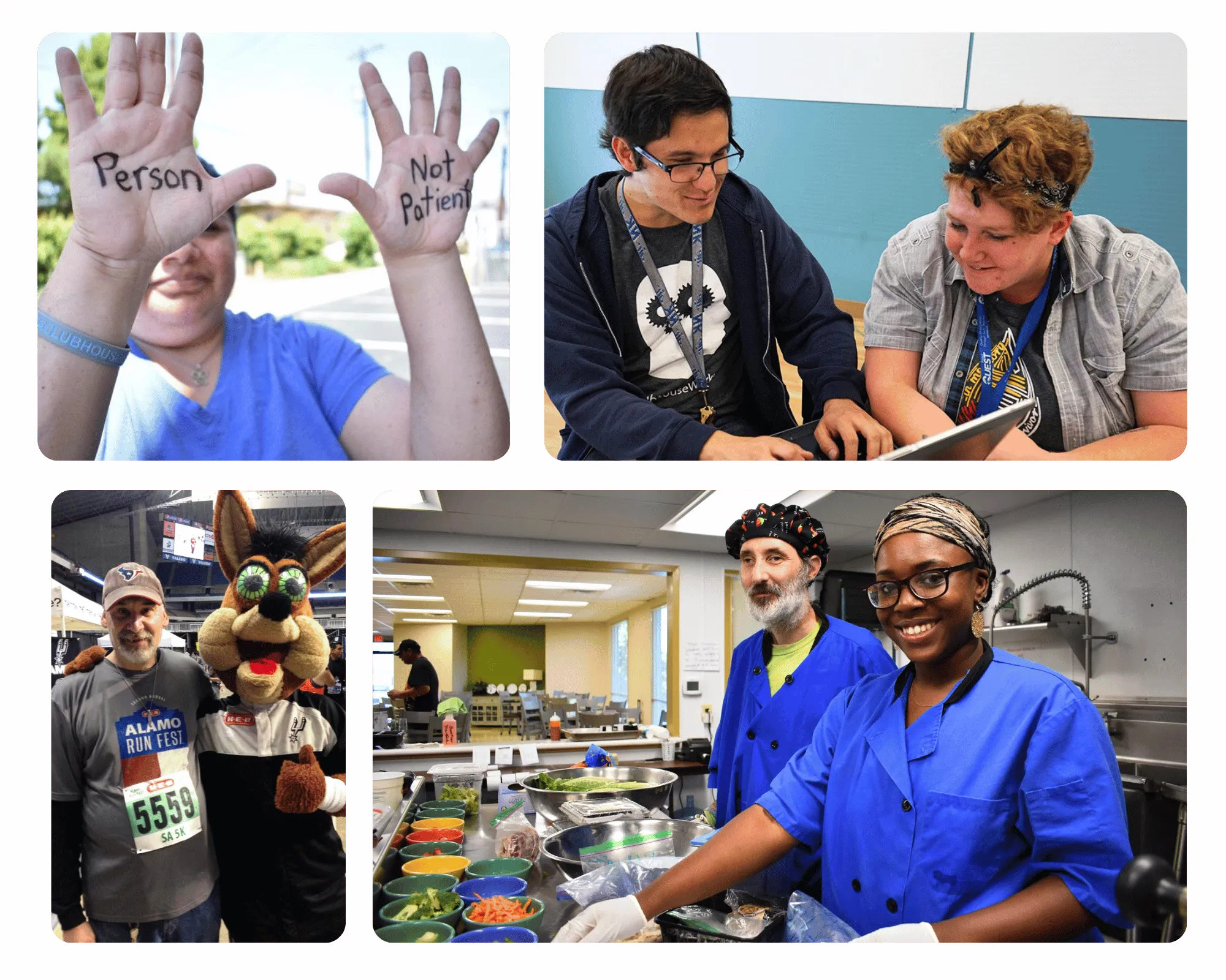 Collage of Clubhouse members: hands that read “Person, Not Patient”, two members at a laptop, a member with a mascot at a run, and members cooking in the kitchen